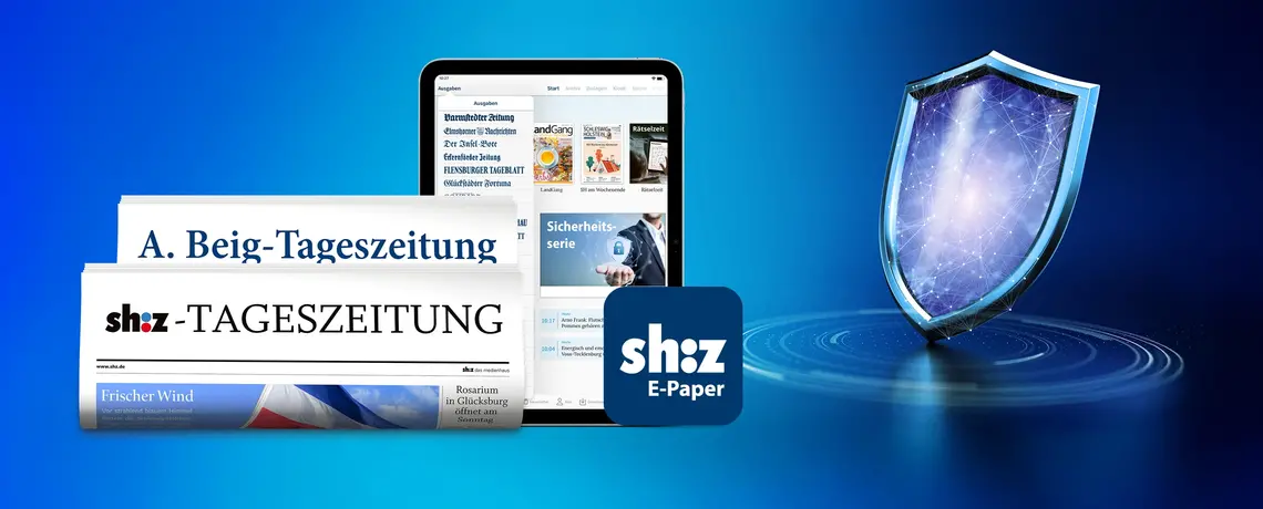 Abbildung Zeitungsrolle und Tablet mit Schild