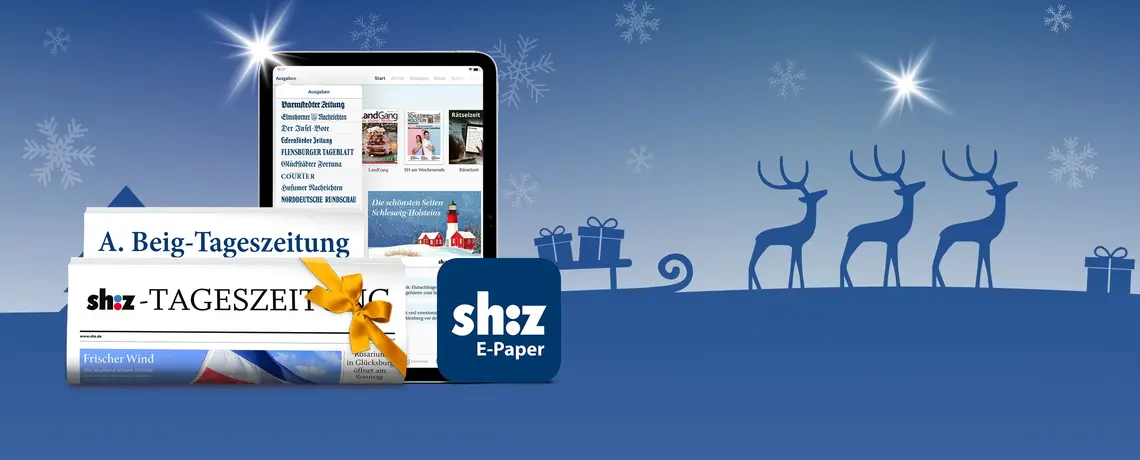 blauer weihnachtlicher Hintergrund mit Tablet-Abbildung und Zeitungsrollen