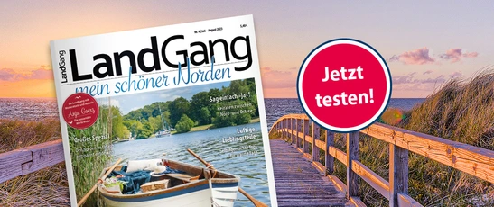Abbildung eines LandGang Magazins und einem Störer auf dem steht jetzt testen