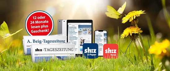 Abbildung einer Zeitungrolle, einem Tablet, Smartphone, dem App Icon shz E-Paper und dem App Icon shz News und einem roten Störer auf dem steht 12 oder 24 Monate lesen plus Geschenk