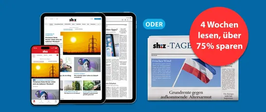 Abbildung der digitalen Produkte des shz mit gedruckter Zeitung. Darüber ein "ODER" und roter Störer und Text "4 Wochen lesen, über 75% sparen"