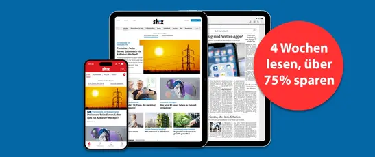 Abbildung der digitalen Produkte des shz mit rotem Störer und Text "4 Wochen lesen, über 75% sparen"