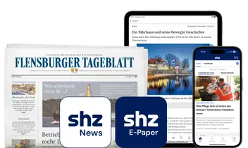 App Icon shz E-Paper und App Icon shz News und ein Computer, Tablet und Smartphone mit der digitalen Zeitung und das gedruckte Flensburger Tageblatt