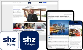 App Icon shz E-Paper und App Icon shz News und ein Computer, Tablet und Smartphone mit der digitalen Zeitung