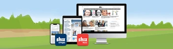 App Icon shz E-Paper und App Icon shz News und ein Computer, Tablet und Smartphone mit der digitalen Tageszeitung