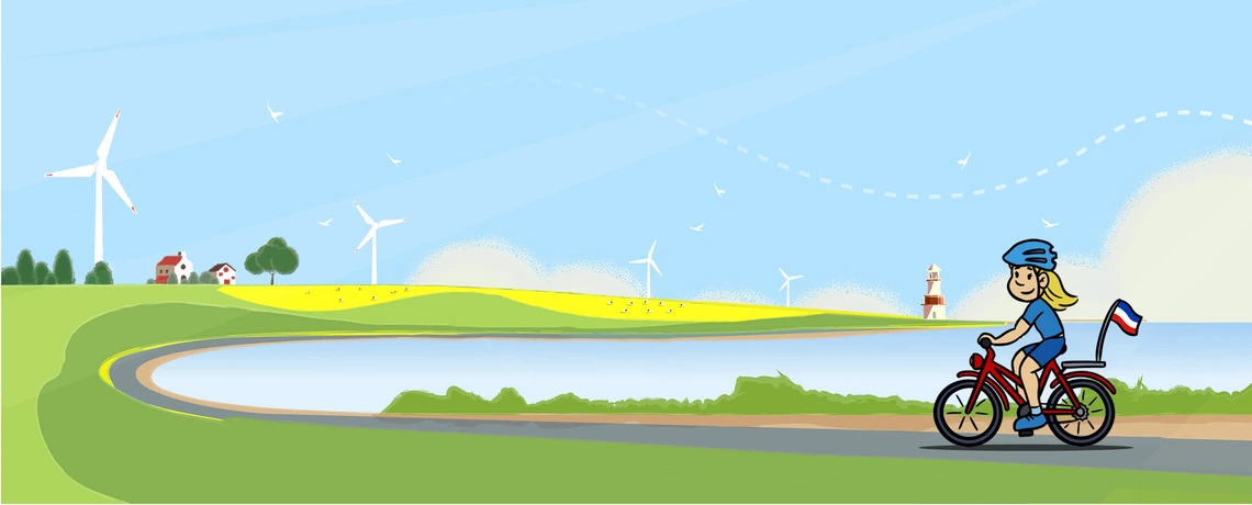 Ein Bild in Cartoon Optik mit einer Frau auf einem Fahrrad